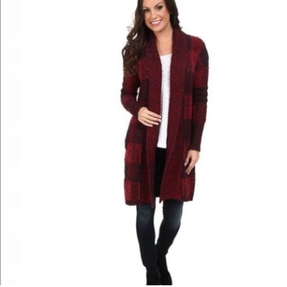 Lucky Brand Sweaters - Lucky Brand Red Buffalo Check longline Duster length open front Cardigan